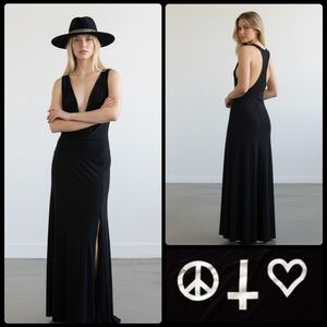 Religion Black Plunge Maxi Dress – Open Back, High Slit, Gothic Minimal – Size 4